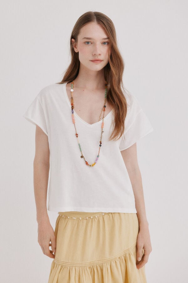 Hoss Intropia Monike. T-shirt de manga curta com decote em bico Beige