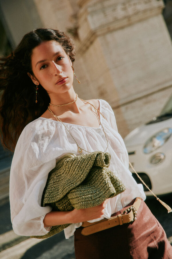 Hoss Intropia Nagore. Bolso de fibras naturales con volantes Kaki