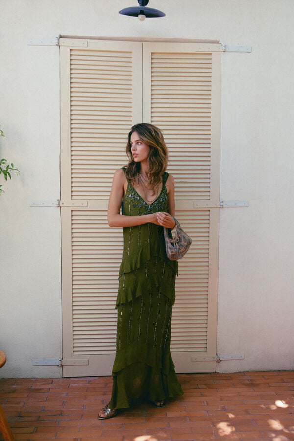Hoss Intropia Aurore.Vestido abalorios Kaki