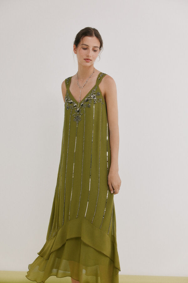 Hoss Intropia Aurore.Vestido abalorios Kaki