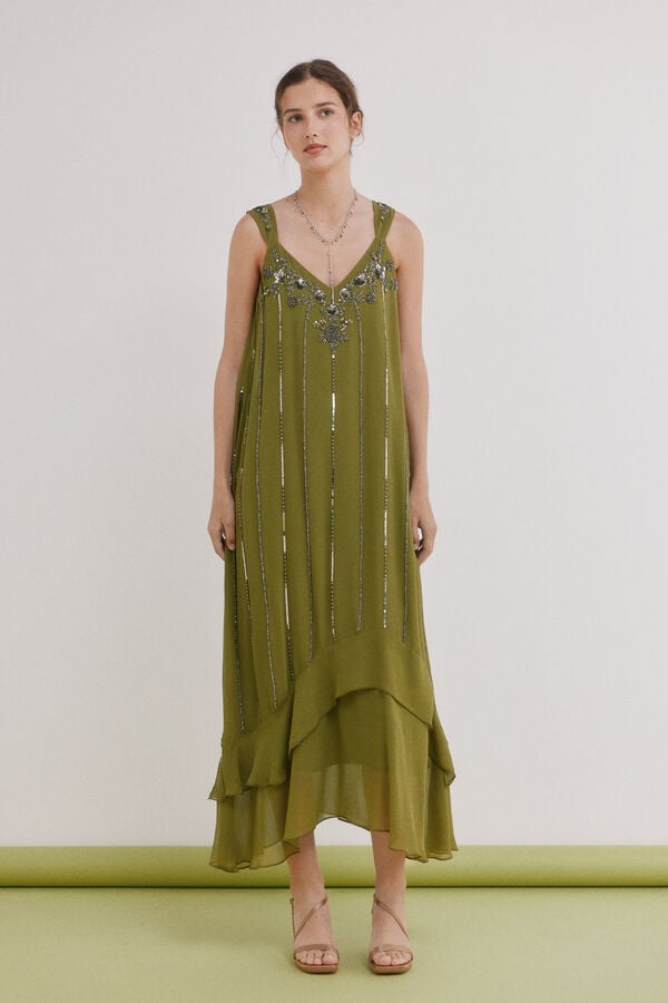 Hoss Intropia Aurore.Vestido abalorios Kaki